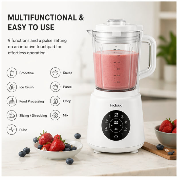 Hicloud 3-in-1 Blender & Food Processor Combo, 800W Peak Power Kitchen System with 48oz Glass Jar, 20oz Travel Cup