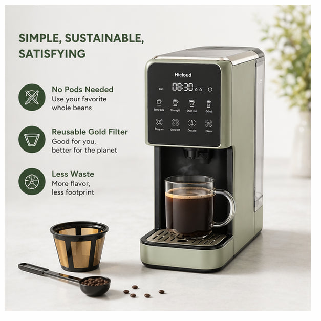 Hicloud Coffee Maker with Built-in Grinder, Sage Green, 6 Brew Sizes (6oz-16oz), 3 Strength Settings, Over Ice Brew
