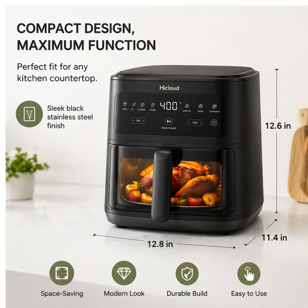 Hicloud 6QT Air Fryer with Viewing Window, 10-in-1 Compact Digital Airfryer Oven, 400°F Rapid Cooking for Fries