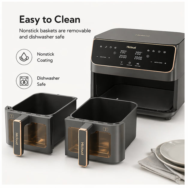 Hicloud Dual Basket Air Fryer Oven, 2-in-1 Digital Airfryer with Clear-View Windows & Sync Finish, Roast, Bake & Reheat