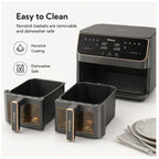 Hicloud Dual Basket Air Fryer Oven, 2-in-1 Digital Airfryer with Clear-View Windows & Sync Finish, Roast, Bake & Reheat