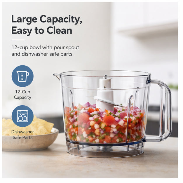 Hicloud 12-Cup Food Processor, Stack & Snap Design with Extra Large Feed Chute, Reversible Slicing & Shredding Disc