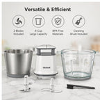 Hicloud 2-Speed Food Processor, 8 Cup Dual Bowls (Glass & Stainless Steel), Patented Top Button Control