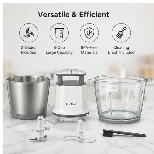 Hicloud 2-Speed Food Processor, 8 Cup Dual Bowls (Glass & Stainless Steel), Patented Top Button Control