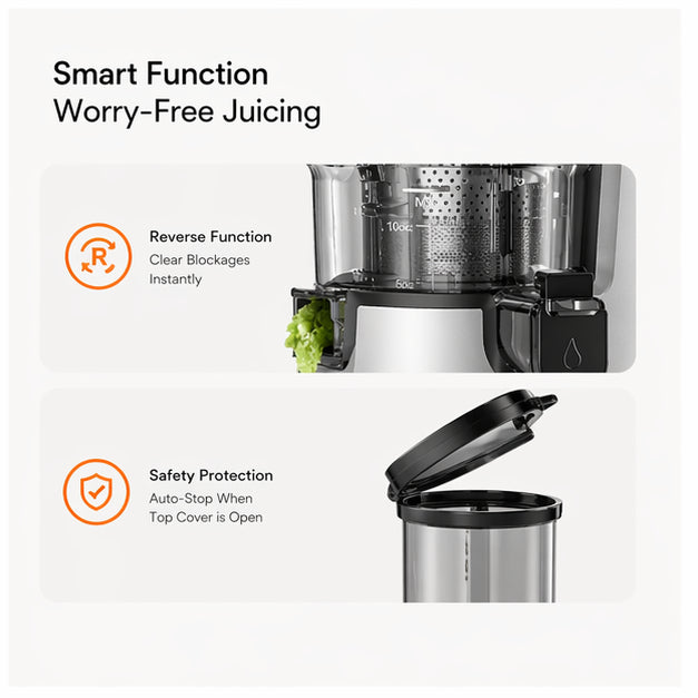 Hicloud Slow Juicer, 5.4" Extra Wide Feed Chute for Whole Fruits & Vegetables, Cold Press Masticating Juicer with 450W Motor