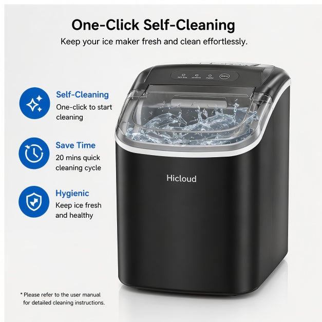 Hicloud Portable Countertop Ice Maker, 9 Bullet Ice Cubes in 6 Minutes, 26lbs Daily Output, Self-Cleaning Function
