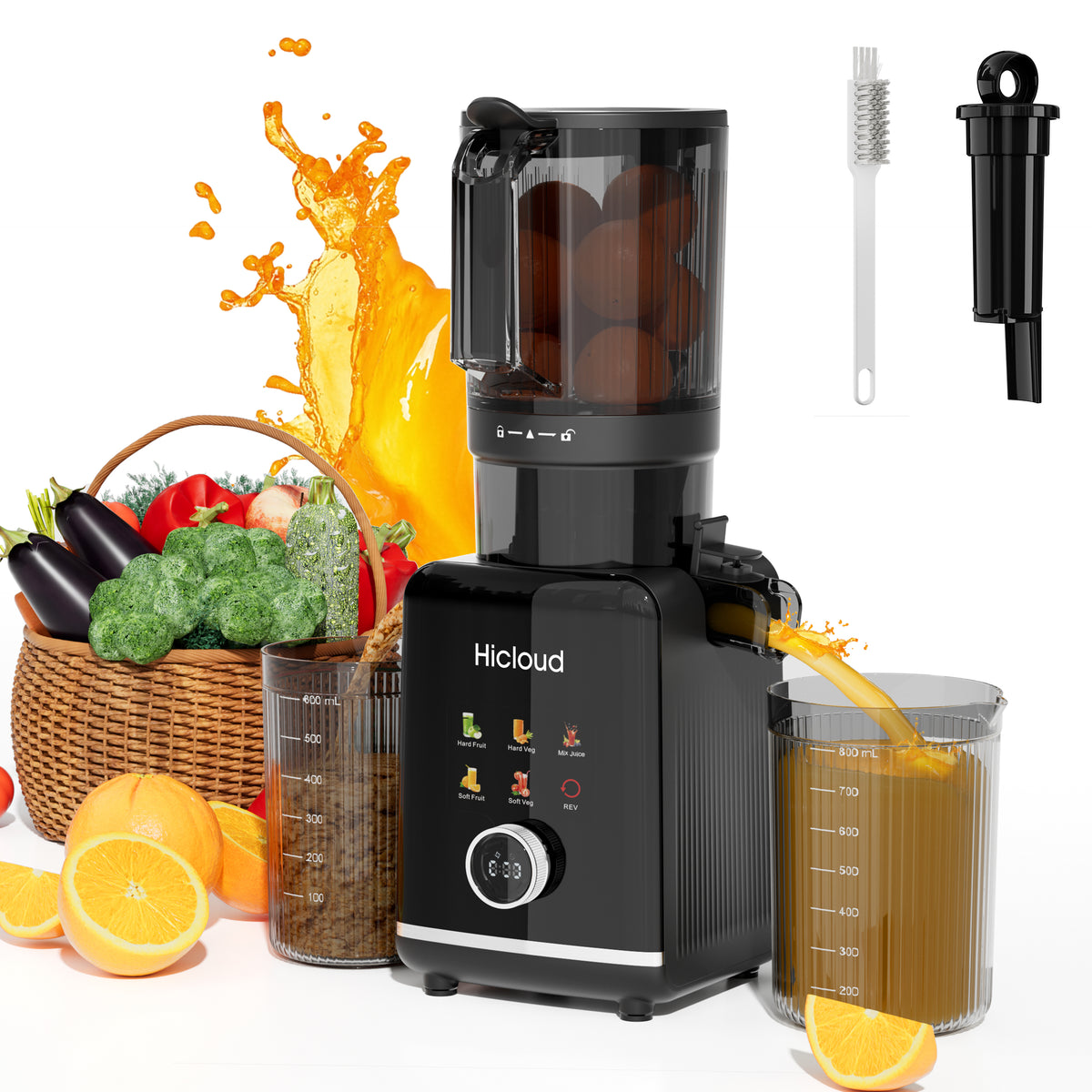 Hicloud 200W Juicer, Cold Press Juicer with 4.4" Large Feed Chute, Electronic 5-Speed Masticating Juicer Machines for Whole Vegetables & Fruits, High-yield Juice Maker, Easy Clean