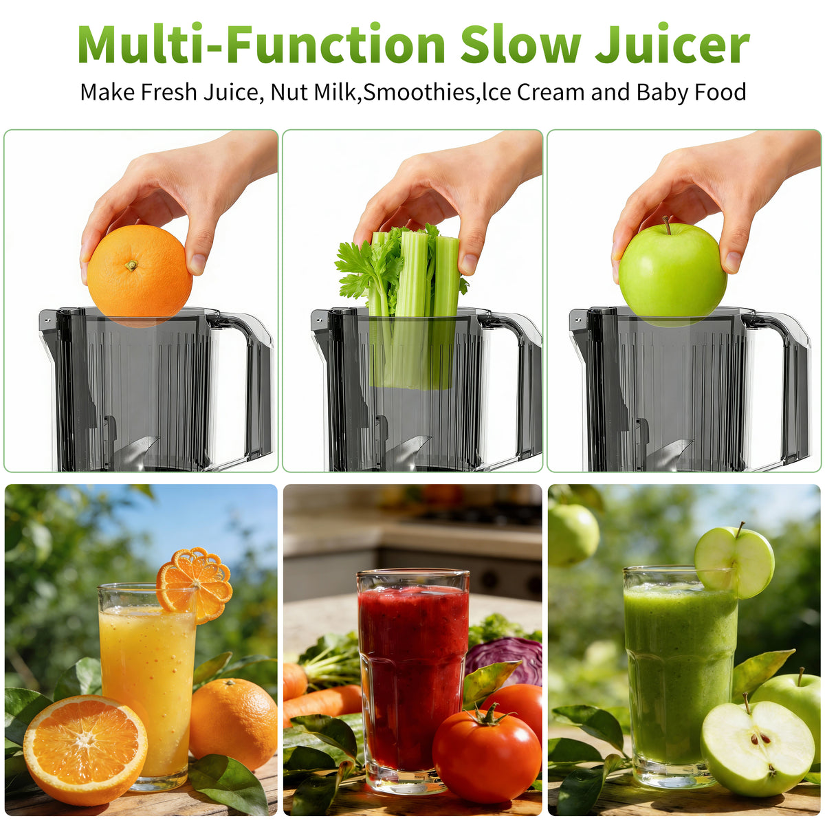 Hicloud 200W Juicer, Cold Press Juicer with 4.4" Large Feed Chute, Electronic 5-Speed Masticating Juicer Machines for Whole Vegetables & Fruits, High-yield Juice Maker, Easy Clean