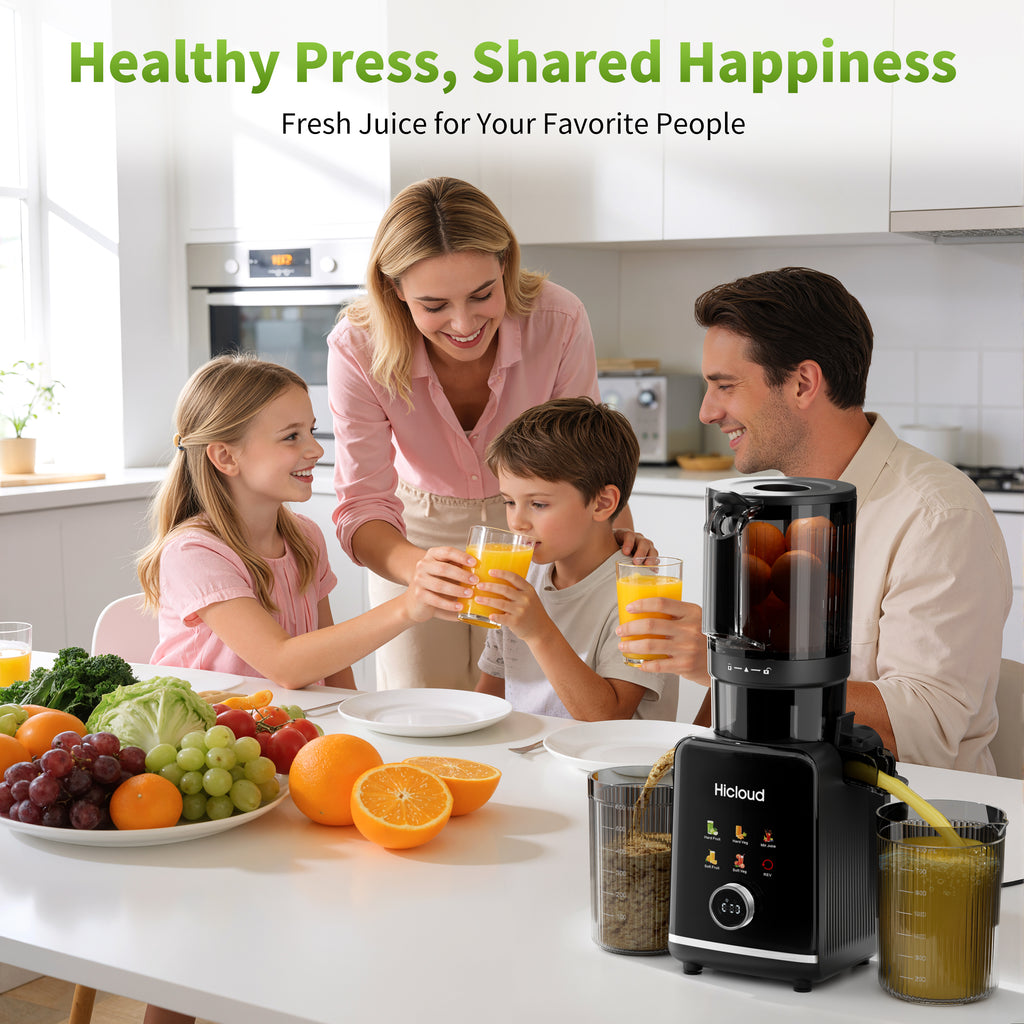 Hicloud 200W Juicer, Cold Press Juicer with 4.4" Large Feed Chute, Electronic 5-Speed Masticating Juicer Machines for Whole Vegetables & Fruits, High-yield Juice Maker, Easy Clean