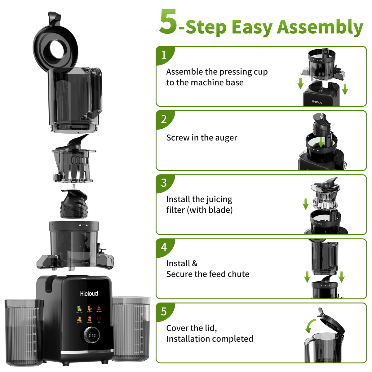 Hicloud 200W Juicer, Cold Press Juicer with 4.4" Large Feed Chute, Electronic 5-Speed Masticating Juicer Machines for Whole Vegetables & Fruits, High-yield Juice Maker, Easy Clean