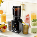 Hicloud 200W Juicer, Cold Press Juicer with 4.4" Large Feed Chute, Electronic 5-Speed Masticating Juicer Machines for Whole Vegetables & Fruits, High-yield Juice Maker, Easy Clean