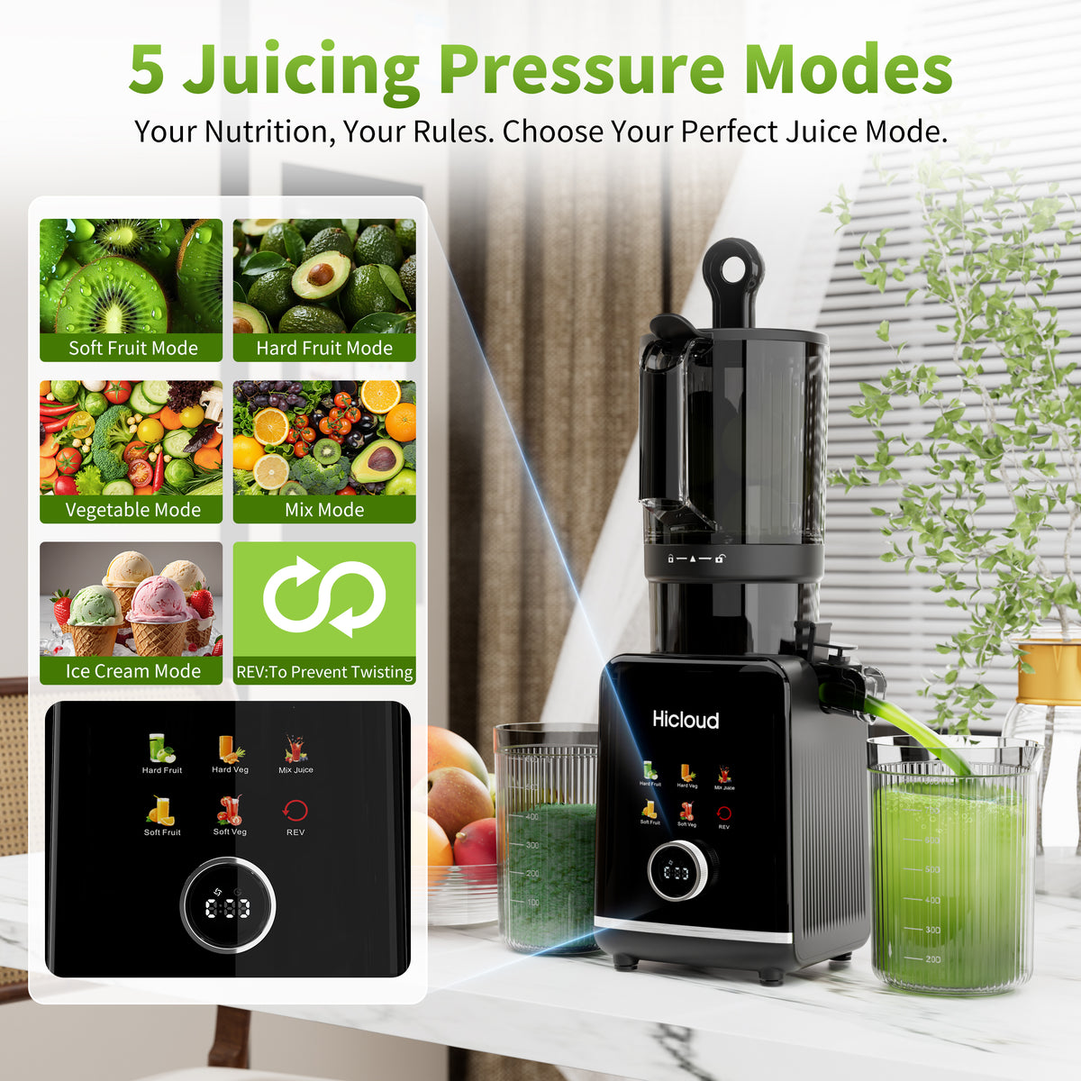 Hicloud 200W Juicer, Cold Press Juicer with 4.4" Large Feed Chute, Electronic 5-Speed Masticating Juicer Machines for Whole Vegetables & Fruits, High-yield Juice Maker, Easy Clean