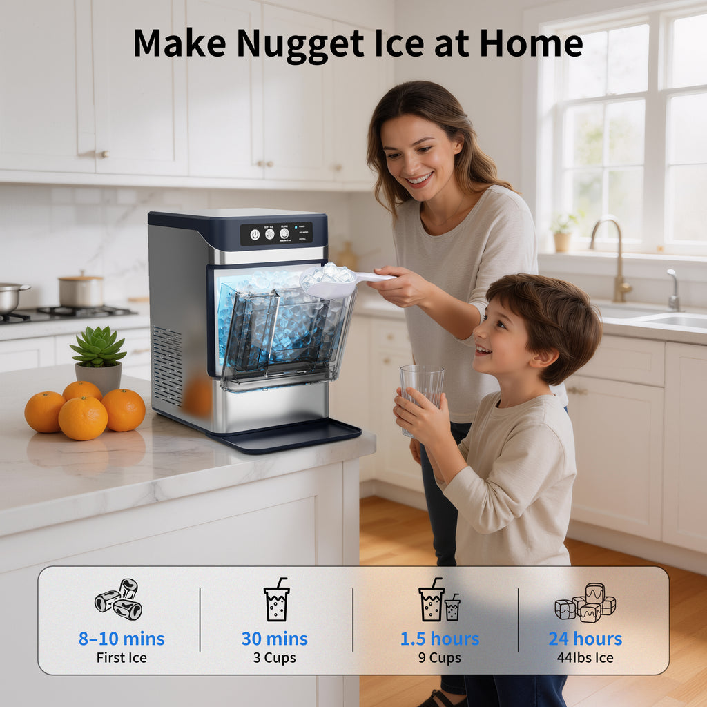 Hicloud Countertop Ice Maker, Soft Chewable Ice Maker Machine with Water Tank and Ice Scoop, 8-10 Minute First Ice, 44 lbs/24H, Silent & Auto-Cleaning, Suitable for Home/Office/Gatherings
