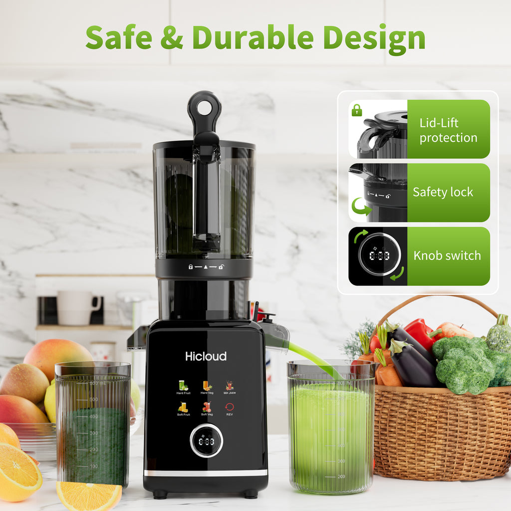 Hicloud 200W Juicer, Cold Press Juicer with 4.4" Large Feed Chute, Electronic 5-Speed Masticating Juicer Machines for Whole Vegetables & Fruits, High-yield Juice Maker, Easy Clean