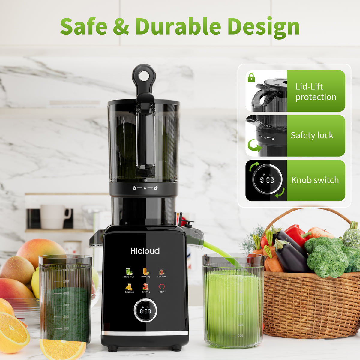 Hicloud 200W Juicer, Cold Press Juicer with 4.4" Large Feed Chute, Electronic 5-Speed Masticating Juicer Machines for Whole Vegetables & Fruits, High-yield Juice Maker, Easy Clean