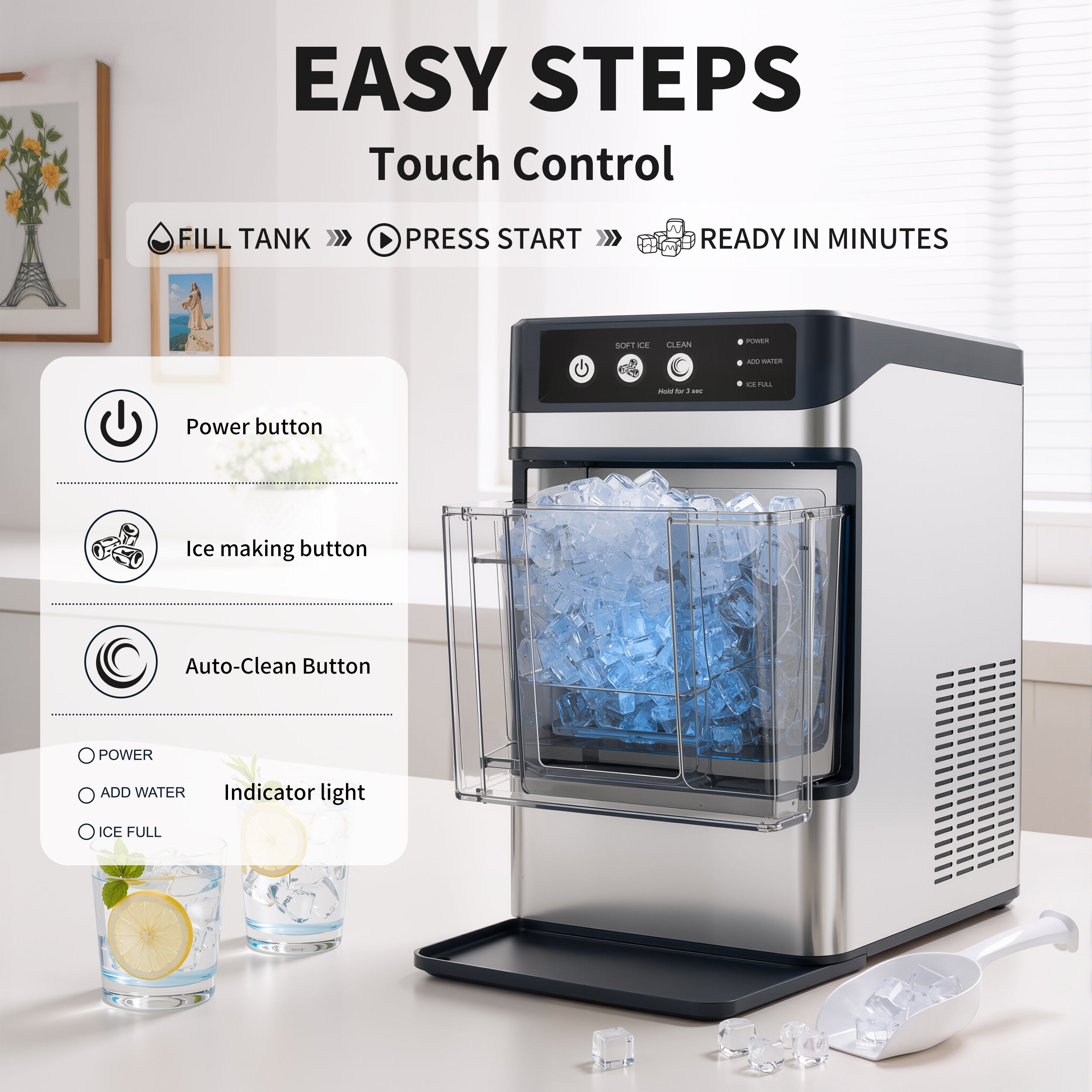 Hicloud Countertop Ice Maker, Soft Chewable Ice Maker Machine with Water Tank and Ice Scoop, 8-10 Minute First Ice, 44 lbs/24H, Silent & Auto-Cleaning, Suitable for Home/Office/Gatherings