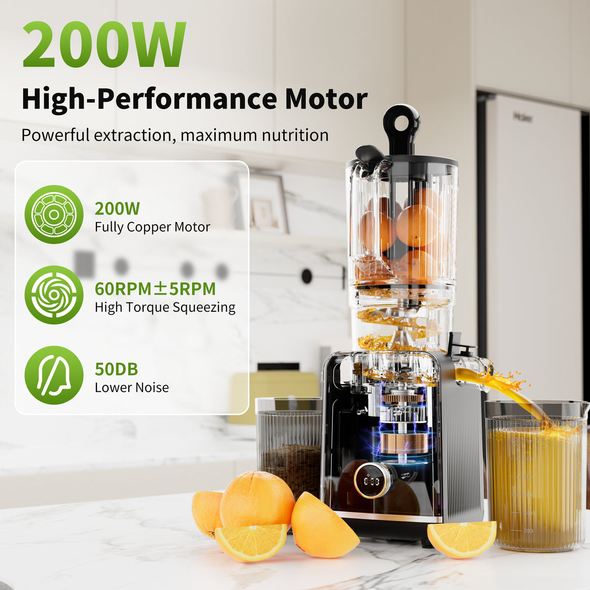Hicloud 200W Juicer, Cold Press Juicer with 4.4" Large Feed Chute, Electronic 5-Speed Masticating Juicer Machines for Whole Vegetables & Fruits, High-yield Juice Maker, Easy Clean