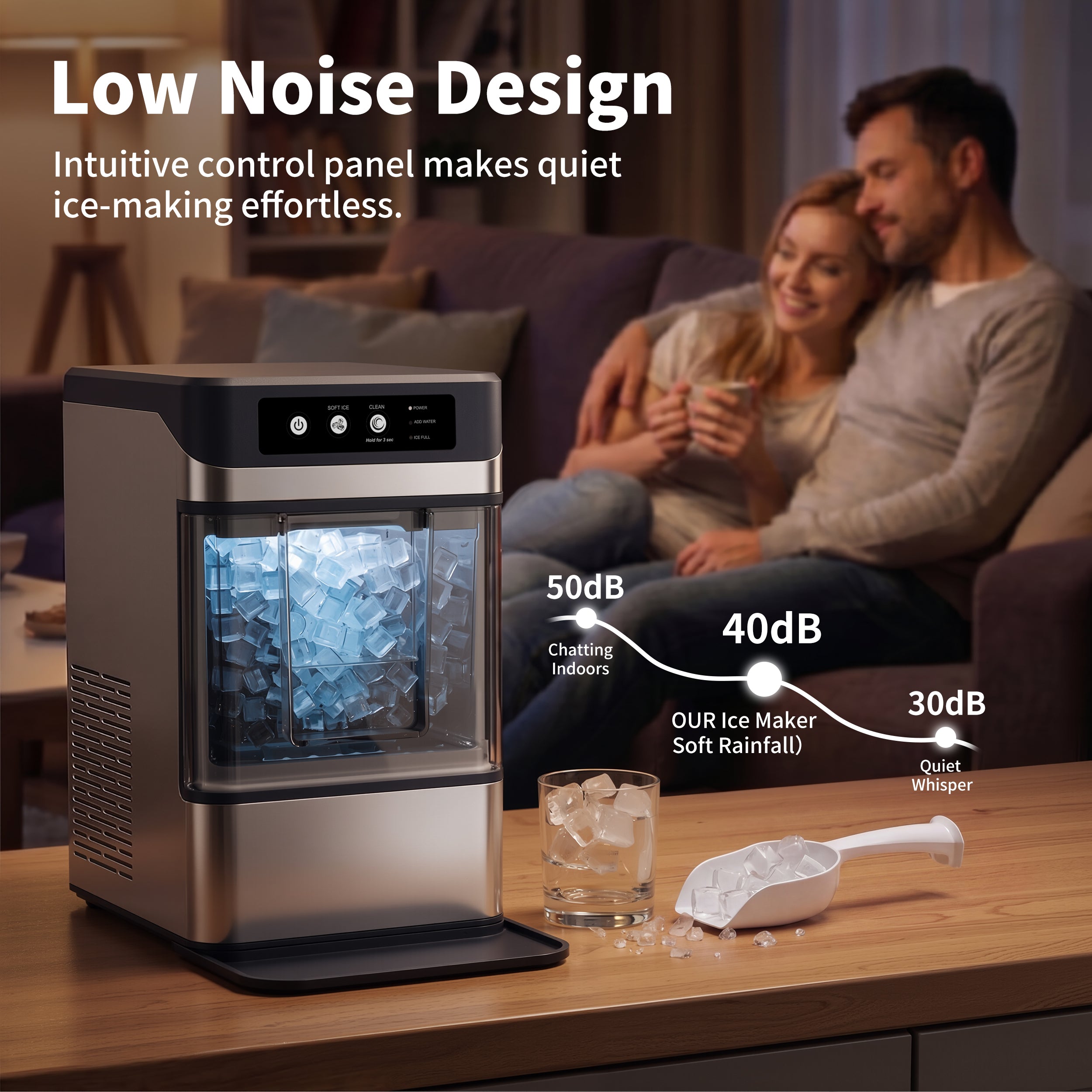 Hicloud Countertop Ice Maker, Soft Chewable Ice Maker Machine with Water Tank and Ice Scoop, 8-10 Minute First Ice, 44 lbs/24H, Silent & Auto-Cleaning, Suitable for Home/Office/Gatherings
