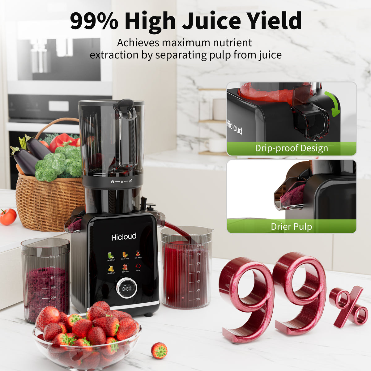 Hicloud 200W Juicer, Cold Press Juicer with 4.4" Large Feed Chute, Electronic 5-Speed Masticating Juicer Machines for Whole Vegetables & Fruits, High-yield Juice Maker, Easy Clean