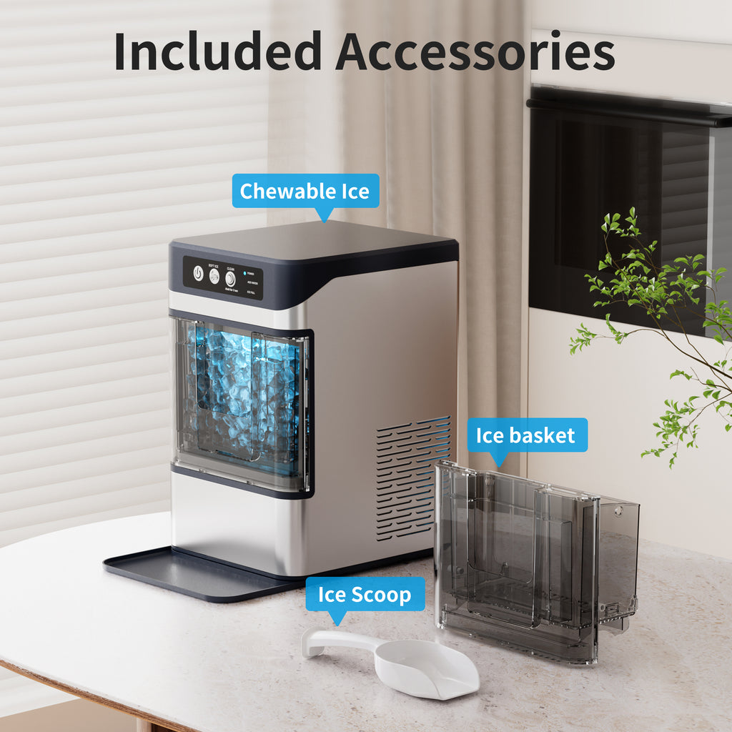 Hicloud Countertop Ice Maker, Soft Chewable Ice Maker Machine with Water Tank and Ice Scoop, 8-10 Minute First Ice, 44 lbs/24H, Silent & Auto-Cleaning, Suitable for Home/Office/Gatherings