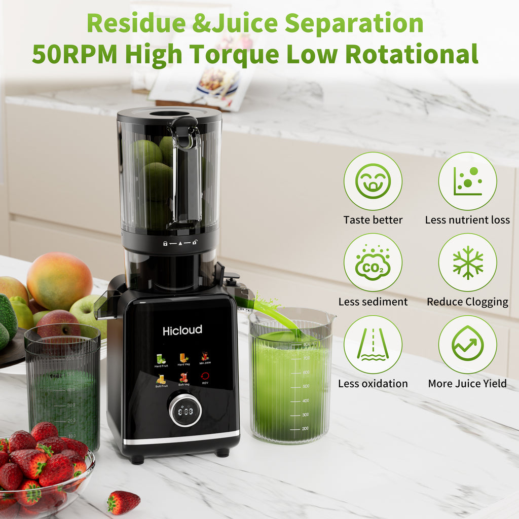 Hicloud 200W Juicer, Cold Press Juicer with 4.4" Large Feed Chute, Electronic 5-Speed Masticating Juicer Machines for Whole Vegetables & Fruits, High-yield Juice Maker, Easy Clean