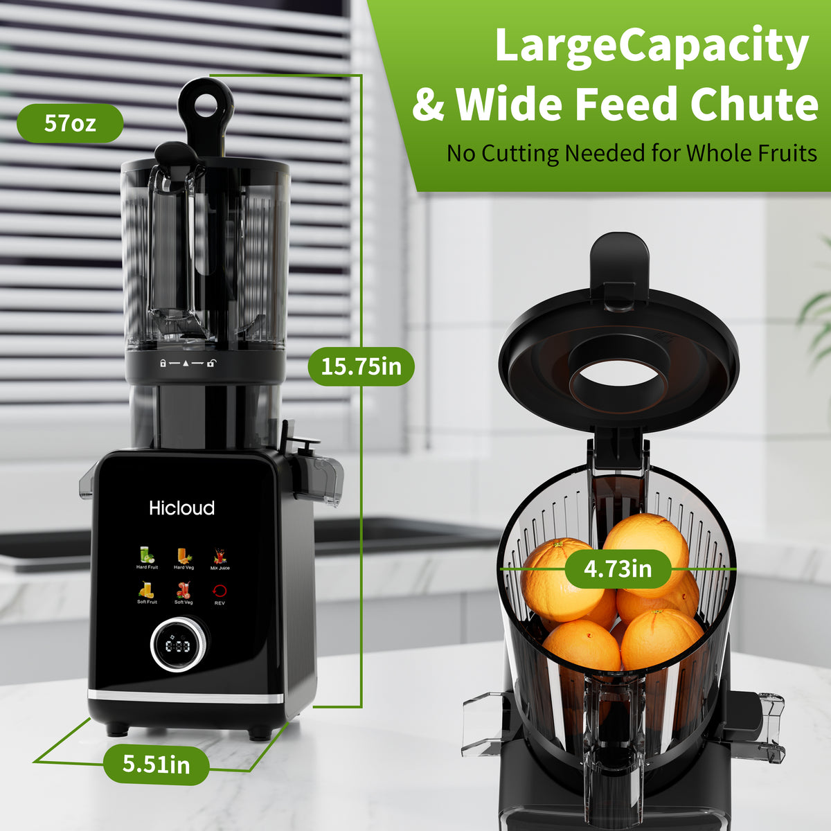 Hicloud 200W Juicer, Cold Press Juicer with 4.4" Large Feed Chute, Electronic 5-Speed Masticating Juicer Machines for Whole Vegetables & Fruits, High-yield Juice Maker, Easy Clean