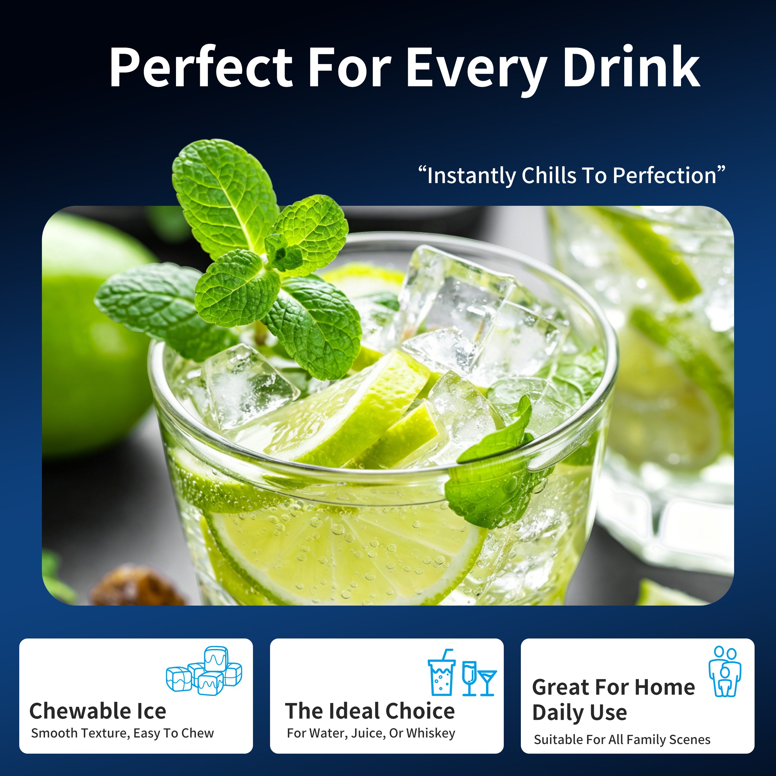 Hicloud Countertop Ice Maker, Soft Chewable Ice Maker Machine with Water Tank and Ice Scoop, 8-10 Minute First Ice, 44 lbs/24H, Silent & Auto-Cleaning, Suitable for Home/Office/Gatherings