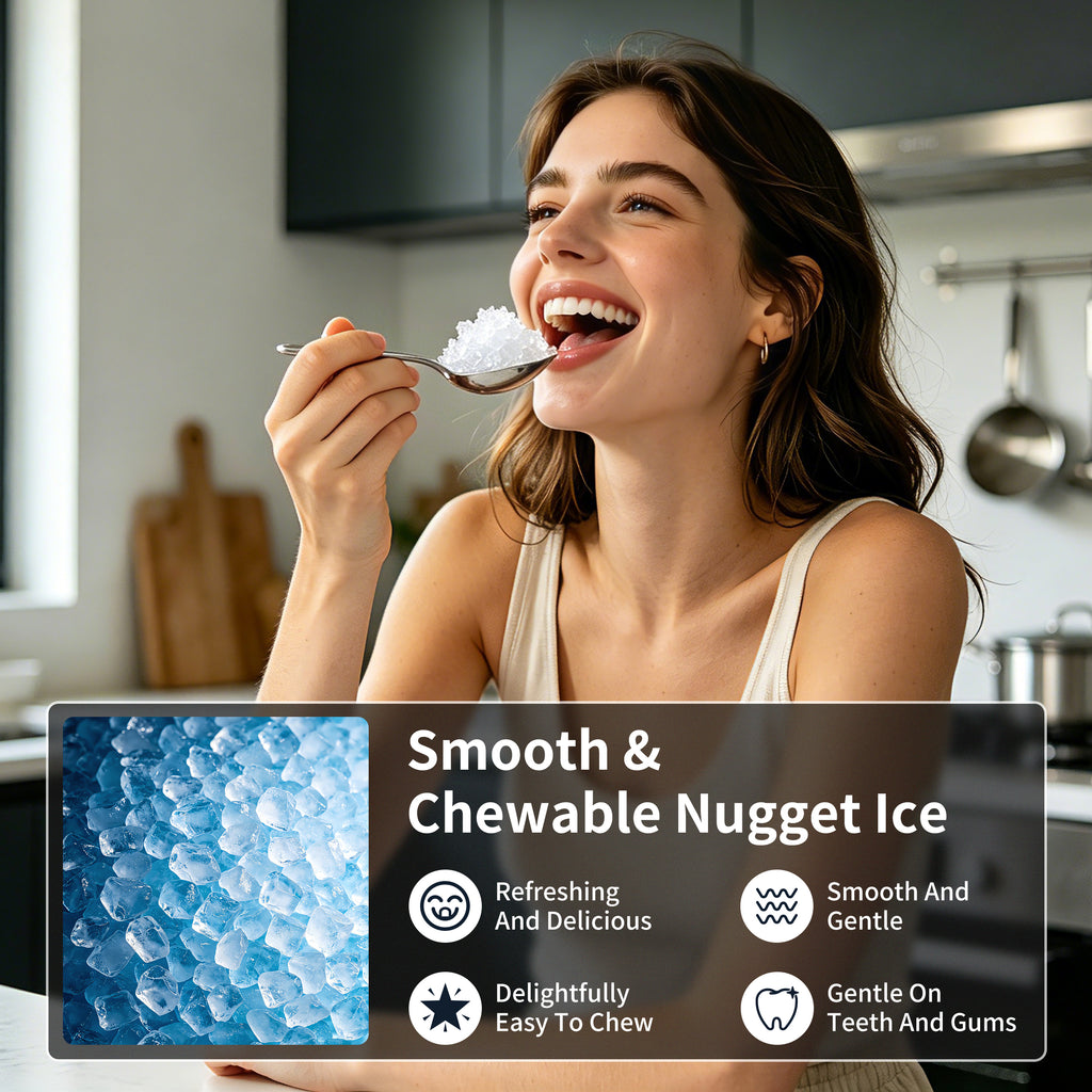 Hicloud Countertop Ice Maker, Soft Chewable Ice Maker Machine with Water Tank and Ice Scoop, 8-10 Minute First Ice, 44 lbs/24H, Silent & Auto-Cleaning, Suitable for Home/Office/Gatherings