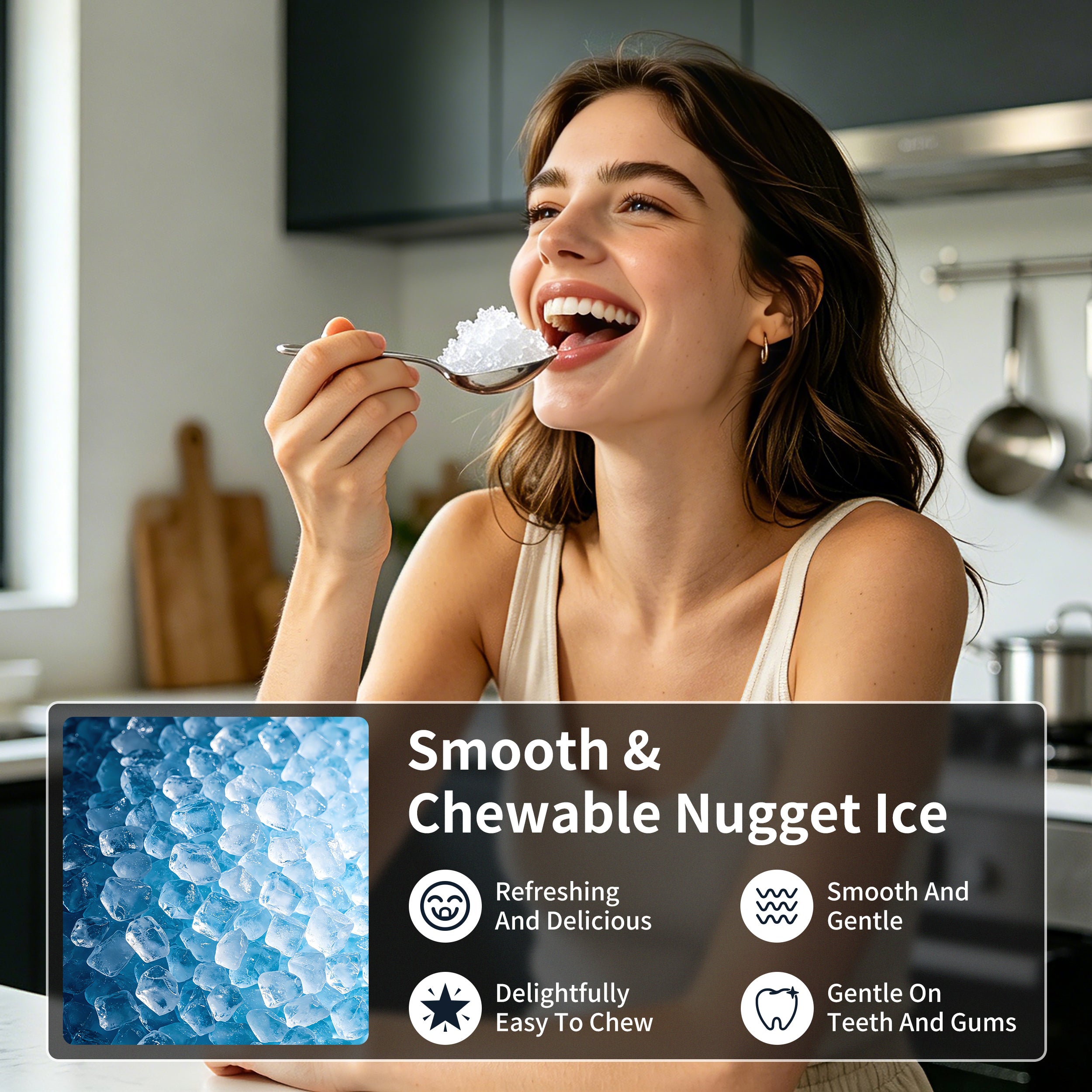 Hicloud Countertop Ice Maker, Soft Chewable Ice Maker Machine with Water Tank and Ice Scoop, 8-10 Minute First Ice, 44 lbs/24H, Silent & Auto-Cleaning, Suitable for Home/Office/Gatherings