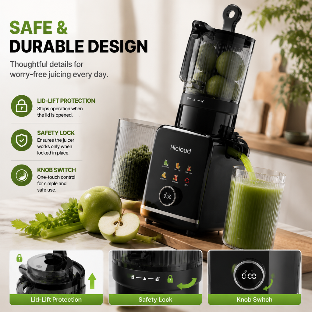 Hicloud 200W Juicer, Cold Press Juicer with 4.4" Large Feed Chute, Electronic 5-Speed Masticating Juicer Machines for Whole Vegetables & Fruits, High-yield Juice Maker, Easy Clean