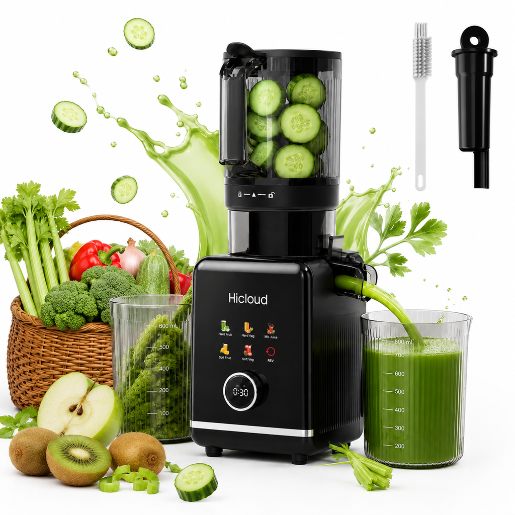 Hicloud 200W Juicer, Cold Press Juicer with 4.4" Large Feed Chute, Electronic 5-Speed Masticating Juicer Machines for Whole Vegetables & Fruits, High-yield Juice Maker, Easy Clean